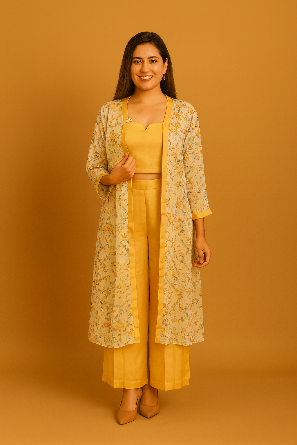 Straight Pant with Crop Top and Long Jacket